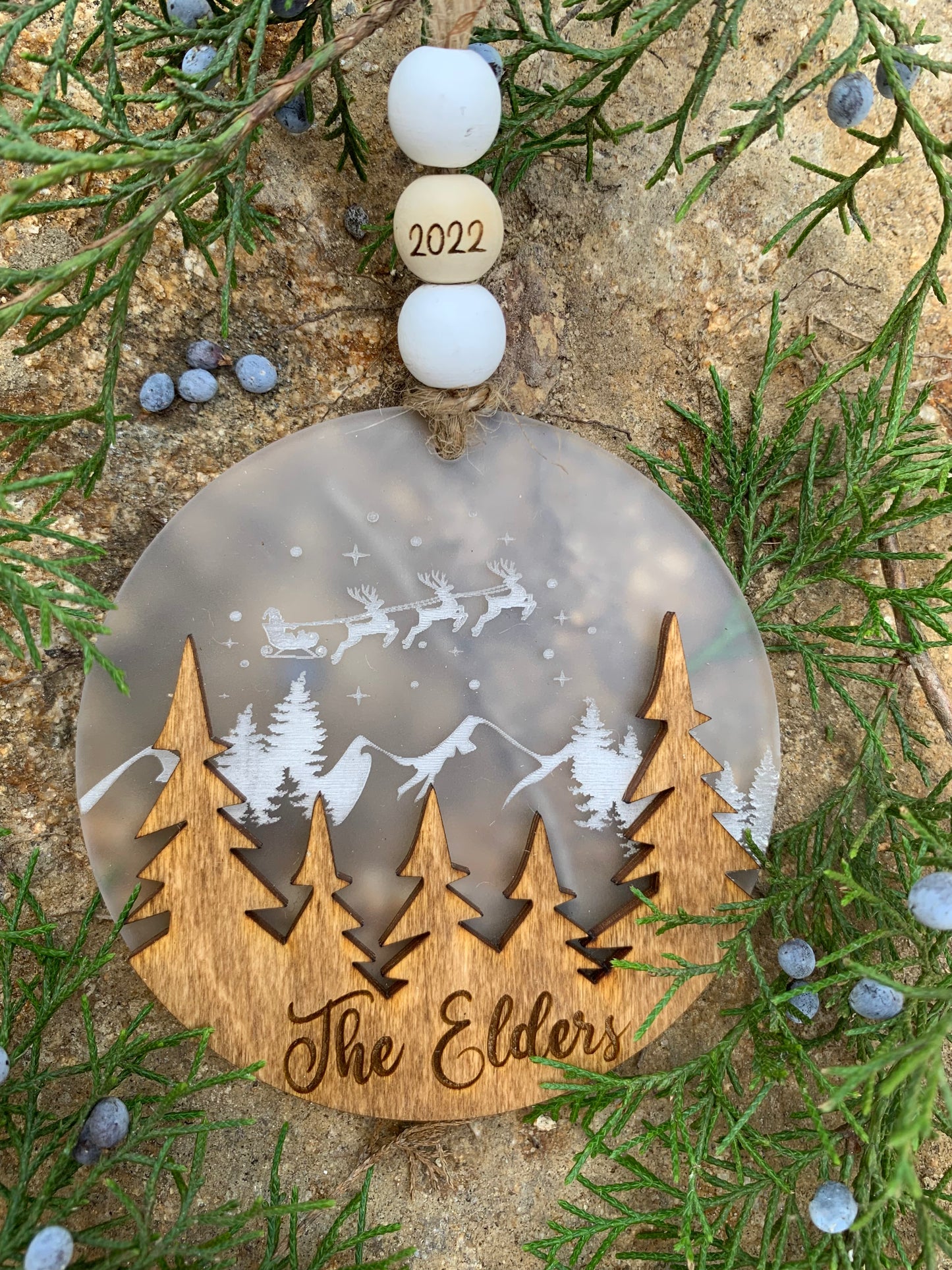 Santa Sleigh Wood Scene Ornament 2023