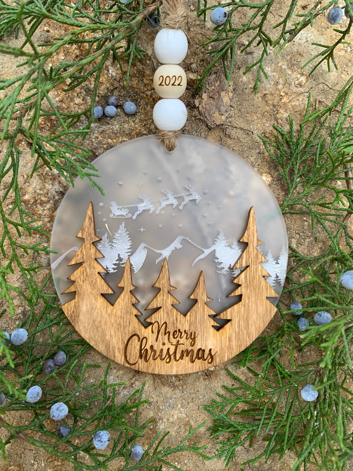 Santa Sleigh Wood Scene Ornament 2023