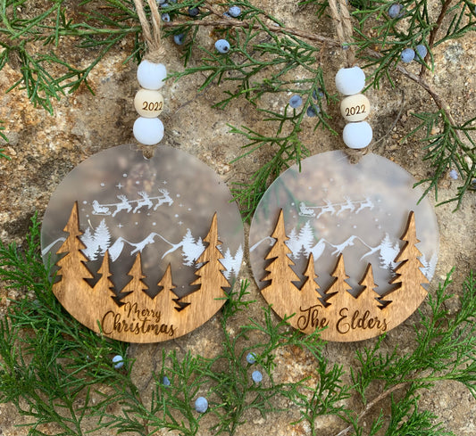 Santa Sleigh Wood Scene Ornament 2023